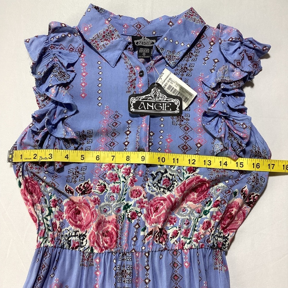 Angie Blue and Pink Floral Patterned Dress with Ruffle Sleeves - Picture 9 of 10